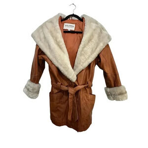 Vintage Wilsons Leather Brown Faux Fur Hood Belted Coat Size Small